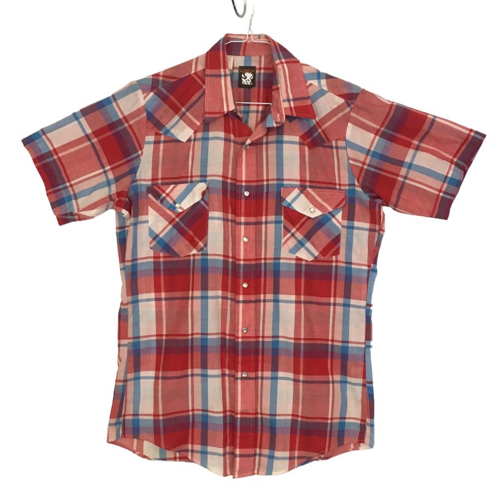 Karman Mens Red White Blue Plaid Short Sleeve Pearl Snap Western Shirt, 44 chest